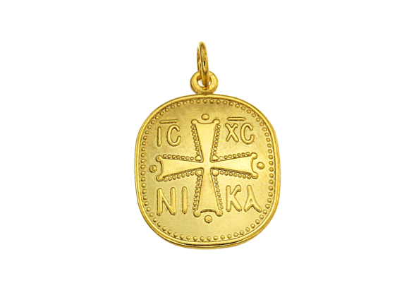 Φυλαχτό σε χρυσό 14Κ Κωνσταντινάτο, Οβάλ πλατύ, ανάγλυφο IC XC NIKA και σταυρό.