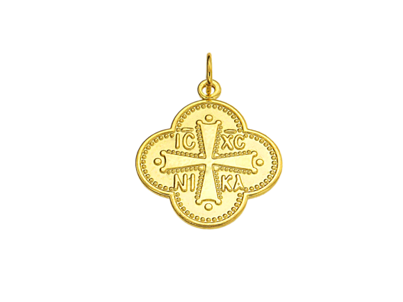 Φυλαχτό σε χρυσό 14Κ Κωνσταντινάτο, Καμπυλωτός σταυρός, ανάγλυφο IC XC NIKA και σταυρό.