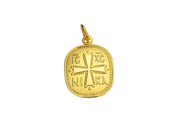 Φυλαχτό σε χρυσό 18Κ, Κωνσταντινάτο, οβάλ πομπέ ανάγλυφο IC XC NIKA με σταυρό.