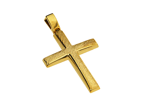 Σταυρός βαπτιστικός για αγόρι σε χρυσό 14Κ Ορθογώνιος λεπτός τετραγωνισμένος και ελαφρώς πομπέ ματ ζαγρέ, πίσω ματ γραμμωτό.