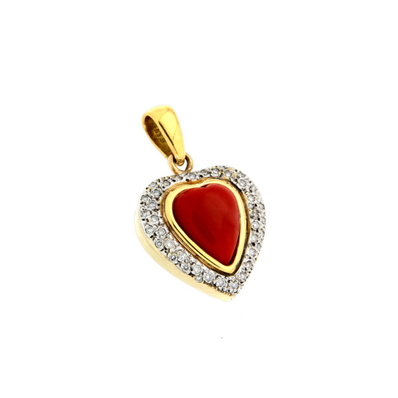 Μενταγιόν σε Δίχρωμο Χρυσό 18Κ Χειροποίητη Καρδιά με Κοράλι Φυσικό και Διαμάντια από τη σειρά 