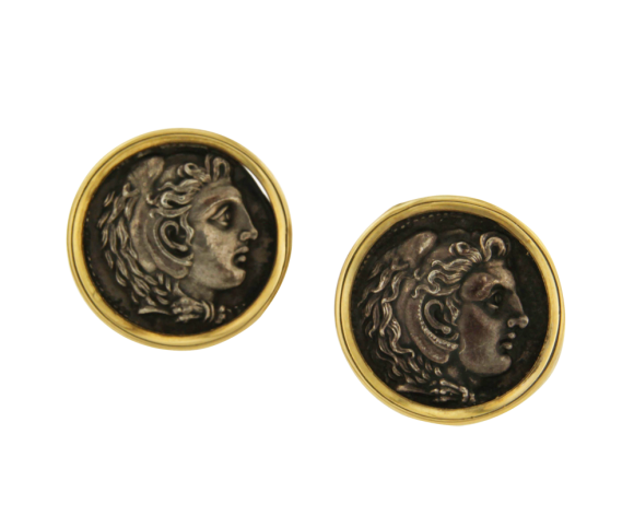 Σκουλαρίκια σε χρυσό 14K και ασήμι 925. Χειροποίητο απλό γυαλισερό στεφάνι με νόμισμα με Ηρακλή, εποχής Μ. Αλεξάνδρου