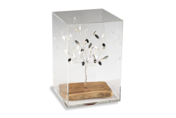 Διακοσμητικό σε Ασήμι 925° Χειροποίητο Δένδρο Ελιάς σε ξύλινη βάση και κουτί πλέξι γκλας