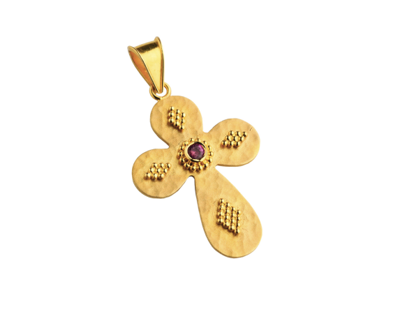 Σταυρός σε χρυσό 18K Χειροποίητος βυζαντινός με κόκκίδωση και ένα ρουμπινι