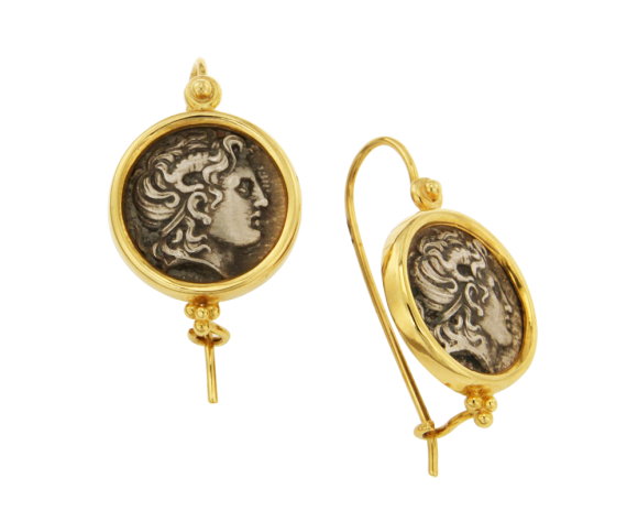 Σκουλαρίκια σε Ασήμι & Χρυσό 14K Κρεμαστά με γάντζο και Νόμισμα με κεφαλή Μ. Αλεξάνδρου, εποχής Λυσιμάχου.