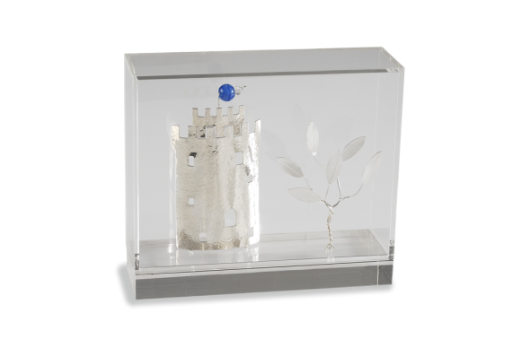 Διακοσμητικό σε Ασήμι 925° Λευκός Πύργος με Δέντρο Ελιάς σε κουτί πλέξι γκλας