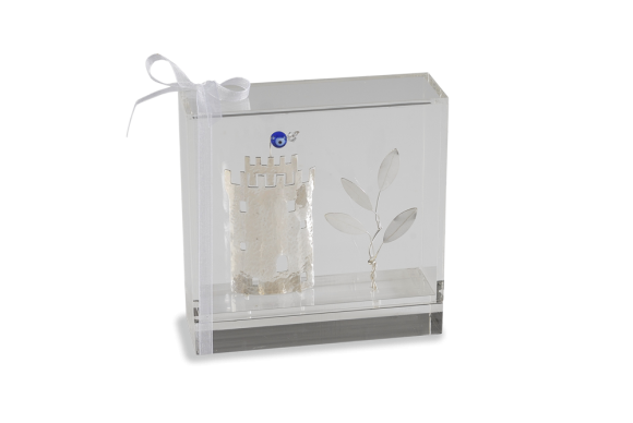 Διακοσμητικό σε Ασήμι 925° Λευκός Πύργος με Δέντρο Ελιάς σε κουτί πλέξι γκλας