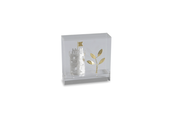 Διακοσμητικό σε Ορείχαλκο Λευκός Πύργος (ασήμι) με Δέντρο Ελιάς (ορείχαλκος) σε κουτί πλέξι γκλας
