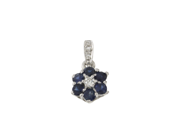 Μενταγιόν σε λευκόχρυσο 18Κ Ροζέτα Αστράκι με διαμάντι και μπλε Ζαφείρια και χαλκά με διαμάντια