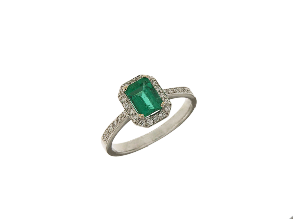 Δαχτυλίδι Ροζέτα σε λευκόχρυσο 18Κ, Ορθογώνια με ένα Σμαράγδι κοπής Emerald Cut με διαμάντια.