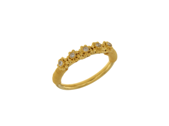 Δακτυλίδι σε χρυσό 18Κ χειροποίητο με λεπτό σύρμα και λουλουδάκια με διαμάντια, συλλογή Archaic