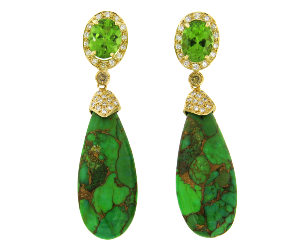 Μοναδικά σκουλαρίκια σε χρυσό 18Κ, χειροποίητα με Πράσινα Τυρκουάζ σε σχήμα δάκρυ, διαμάντια και περίδοτα με κλιπ