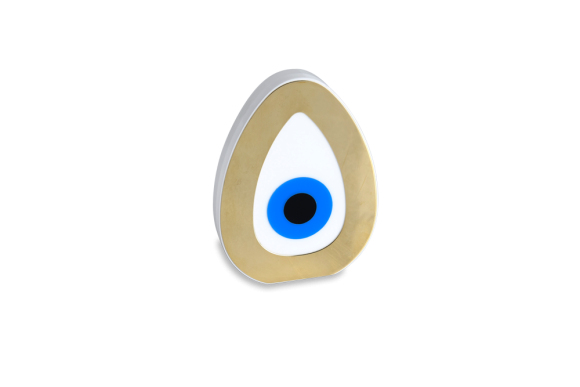 Διακοσμητικό αυγό - μάτι σε ορείιχαλκο πάνω σε λευκό και διάφανο πλέξι γκλας
