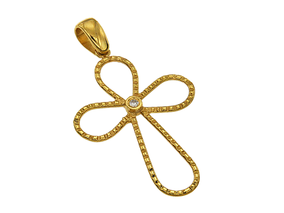 Σταυρός βάπτισης ή αρραβώνα σε χρυσό 18Κ, καμπυλωτός με στριφτό σχέδιο και ένα διαμάντι στο κέντρο