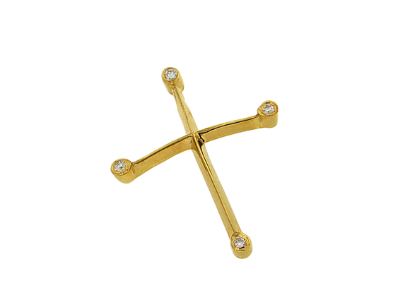 Σταυρός βάπτισης ή αρραβώνα σε χρυσό 18Κ, λεπτός καμπυλωτός με 4 διαμάντια στις άκρες 