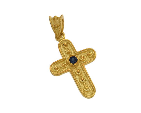 Σταυρός Βυζαντινός σε ασήμι 925° με ένα στρογγυλό μπλε ζιργκόν στο κέντρο.