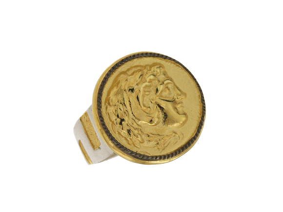 Δακτυλίδι Ανδρικό σε ασήμι 925° δίχρωμο με νόμισμα Ηρακλή εποχής Μεγ. Αλεξάνδρου.