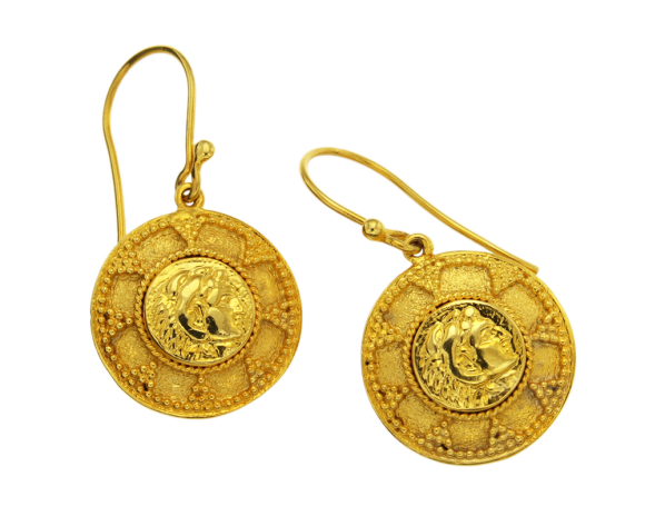 Σκουλαρίκια σε ασήμι 925° στρογγυλό μοτίφ με κοκκίδωση και νόμισμα Αλεξάνδρου