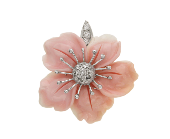 Μενταγιόν σε λευκόχρυσο 18Κ, μοναδικό, χειροποίητο με λουλούδι σκαλιστό από Όστρακο 