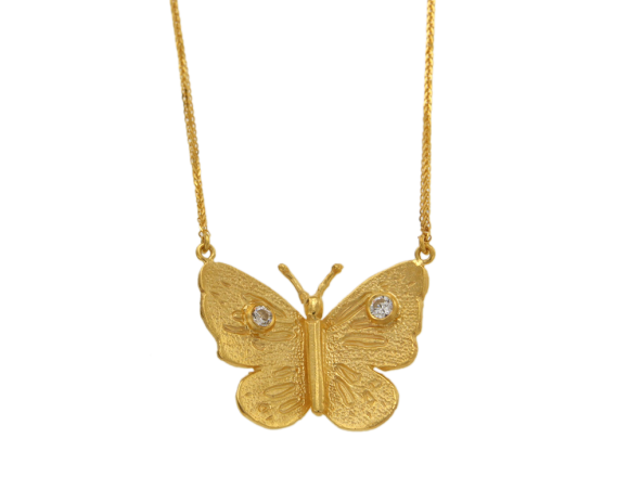 Μενταγιόν σε χρυσό 14Κ πεταλούδα μεγάλη με δύο Ζιργκόν και αλυσίδα. Συλλογή Butterfly.