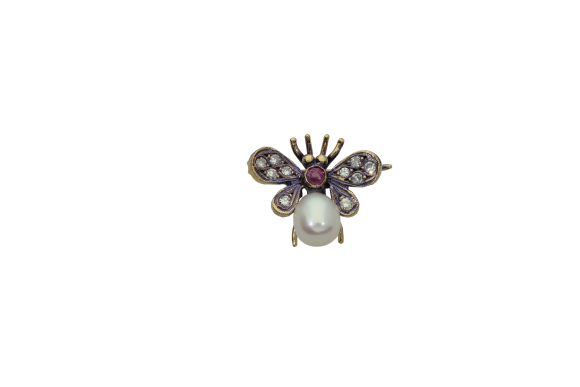 Καρφίτσα σε χρυσό 18Κ Πεταλούδα Αντικέ με διαμάντια, ρουμπίνι και μαργαριτάρι