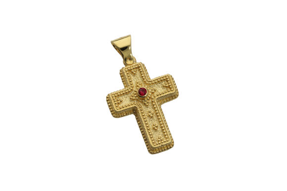 Σταυρός σε ασήμι 925° επίχρυσος, βυζαντινός ορθογώνιος με κοκκίδωση και ένα κόκκινο ζιργκόν.