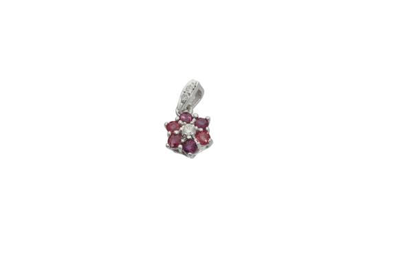 Μενταγιόν σε λευκόχρυσο 18Κ ροζέτα αστράκι με ένα διαμάντι και ρουμπίνια.