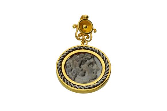 Μενταγιόν σε ασήμι 925°  δίχρωμο με νόμισμα εποχής Μεγ. Αλεξάνδρου που απεικονίζει τον Ηρακλή