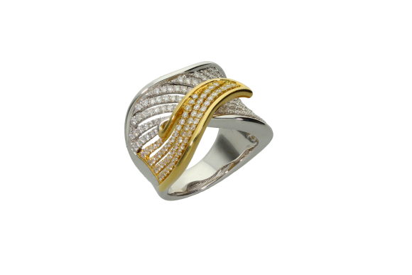 Δαχτυλίδι σε δίχρωμο χρυσό 18Κ κυματιστό διάτρητο με διαμάντια κοπής μπριγιάν