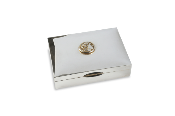 Κουτί /ταμπακιέρα από ασήμι 925° με ξύλινη επένδυση και νόμισμα Μεγ. Αλεξάνδρου από μασίφ ασήμι