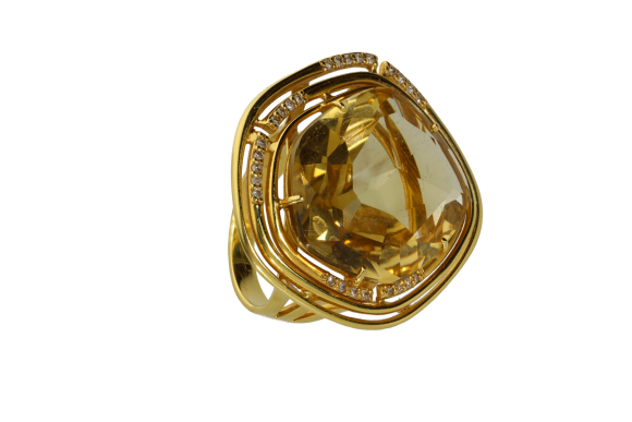 Δαχτυλίδι σε χρυσό 18Κ με ένα citrine πολύγωνο και διπλό σύρμα με διαμάντια