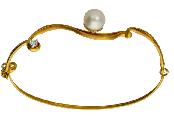 Βραχιόλι χειροπέδα σε χρυσό 14Κ, χειροποίητο με σύρμα κυματιστό με ένα ζιργκόν και ένα μαργαριτάρι