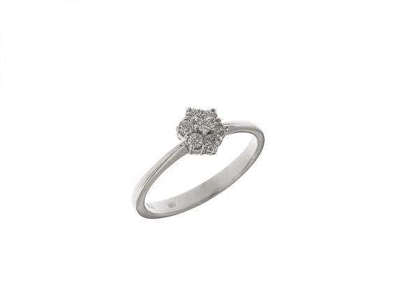 Δαχτυλίδι αρραβώνων σε λευκόχρυσο 18Κ μικρή ροζέτα σε σχήμα αστράκι με διαμάντια κοπής μπριγιάν