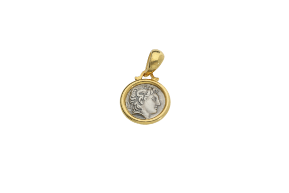 Μενταγιόν σε ασήμι 925° Στρόγγυλο Γυαλιστερό Στεφάνι με Νόμισμα Αλεξάνδρου
