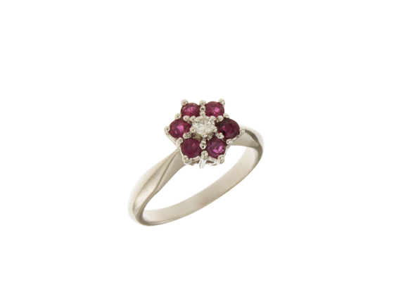 Δαχτυλίδι σε λευκόχρυσο 18Κ Ροζέτα αστράκι μικρή με ρουμπίνια και ένα διαμάντι