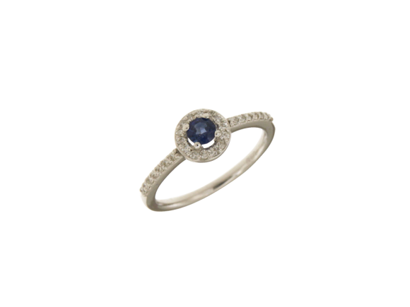 Δαχτυλίδι σε λευκόχρυσο 18Κ Στρογγυλή ροζέτα με διαμάντια γύρω και στο πλαί με ένα στρόγγυλο ζαφείρι μπλε