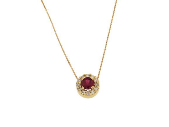 Μενταγιόν σε χρυσό 18Κ ροζέτα στρογγυλή με γύρω διαμάντια και στο κέντρο ένα ρουμπίνι (η αλυσίδα δε συμπεριλαμβάνεται στην τιμή)
