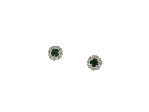 Σκουλαρίκια σε λευκόχρυσο 18Κ Ροζετάκι στρόγγυλο μίνι με γύρω διαμάντια και ένα σμαράγδι