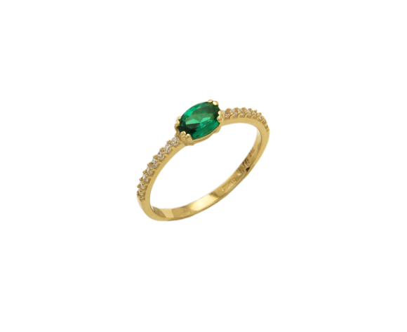 Δακτυλίδι σε χρυσό 14Κ Μονόπετρο με πράσινο οβάλ ζιργκόν στο κέντρο και λευκά ζιργκόν στη γάμπα.