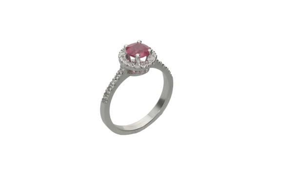 Δαχτυλίδι σε λευκόχρυσο 18Κ ροζέτα με ένα στρογγυλό Ρουμπίνι και διαμάντια