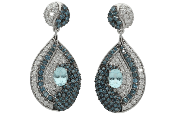 Σκουλαρίκια σε λευκόχρυσο 18Κ κρεμαστά με λευκά και μπλε διαμάντια και Παραίμπα στο κέντρο