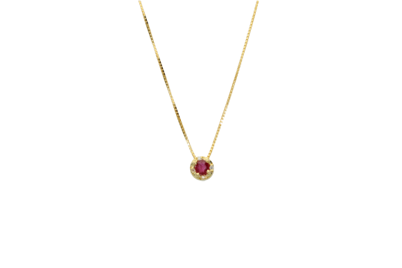 Κολιέ σε χρυσό 18Κ, Ροζέτα στρογγυλή με Διαμάντια, ρουμπίνι και αλυσίδα.
