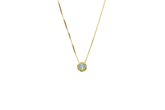 Κολιέ σε χρυσό 18Κ, Ροζέτα στρογγυλή με Διαμάντια, ακουαμαρίνα και αλυσίδα.