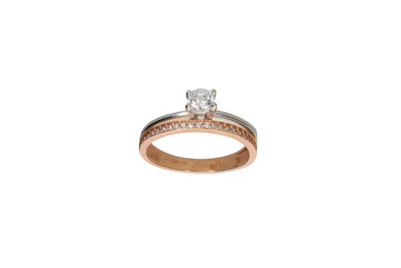 Δαχτυλίδι σε δίχρωμο χρυσό 14Κ, Μονόπετρο γυαλιστερό λευκό, διπλή γάμπα με μια σειρά σε ροζ χρυσό και ζιργκόν.
