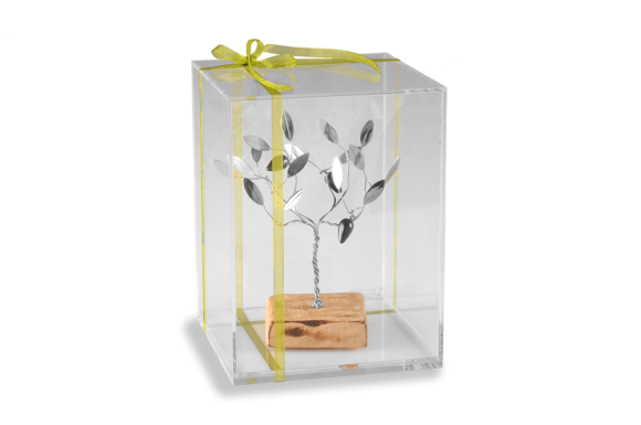 Διακοσμητικό σε ασήμι 925° δέντρο Ελιάς χειροποίητο μέσα σε κουτί από πλέξι κλας με κεραμικές ελιές