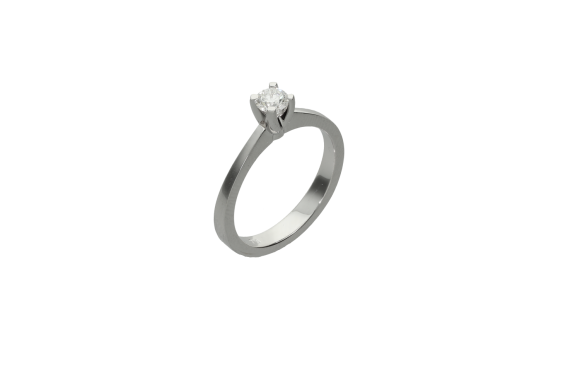 Μονόπετρο δαχτυλίδι γάμου σε λευκόχρυσο 18Κ με τετραγωνισμένη γάμπα και ένα διαμάντι κοπής μπριγιάν.