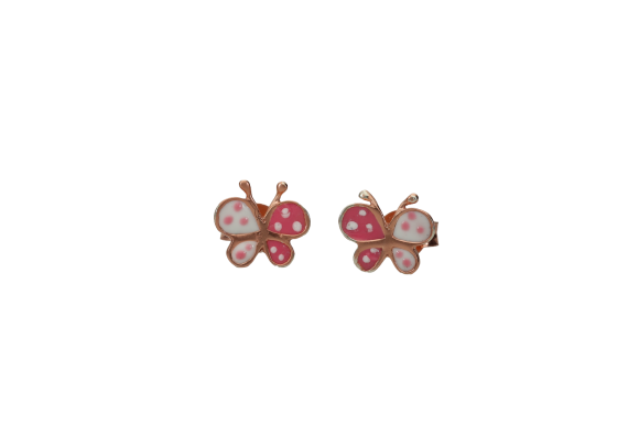 Σκουλαρίκια σε ροζ ασήμι 925° μία πεταλούδα με δίχρωμα φτερά από σμάλτο