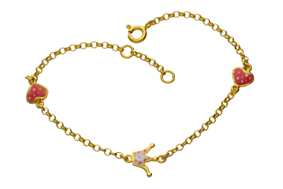 Βραχιόλι παιδικό για κορίτσι σε επίχρυσο ασήμι 925° αλυσίδα με δύο καρδούλες και μία κορώνα