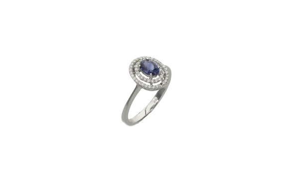 Δαχτυλίδι ροζέτα σε λευκόχρυσο 18Κ με δύο σειρές από διαμάντια και Ζαφείρι στο κέντρο
