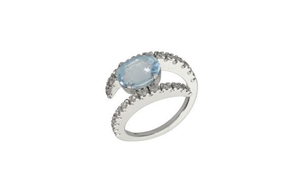 Δαχτυλίδι σε λευκόχρυσο 18Κ Κρουαζε με διαμάντια κοπής μπριγιάν και μπλε Τοπάζι